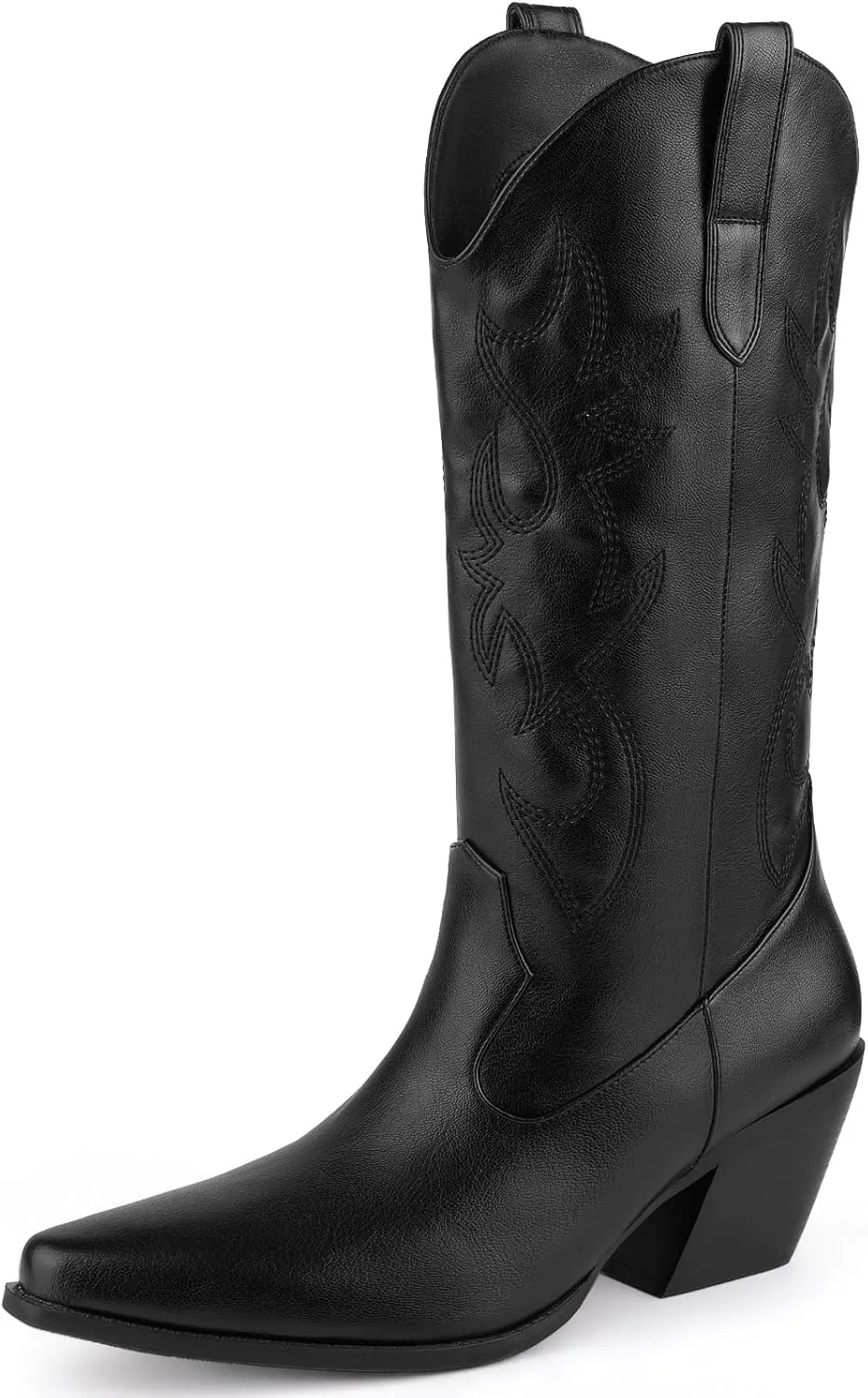 Women's Cowboy Boots Mid Calf Cowgirl Embroidered Western Pointed Toe Chunky Heel Pull On Mid Calf Boots
