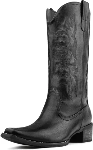 Women's Cowboy Boots Mid Calf Cowgirl Embroidered Western Pointed Toe Chunky Heel Pull On Mid Calf Boots