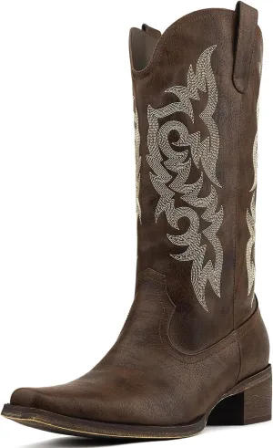 Women's Cowboy Boots Mid Calf Cowgirl Embroidered Western Pointed Toe Chunky Heel Pull On Mid Calf Boots
