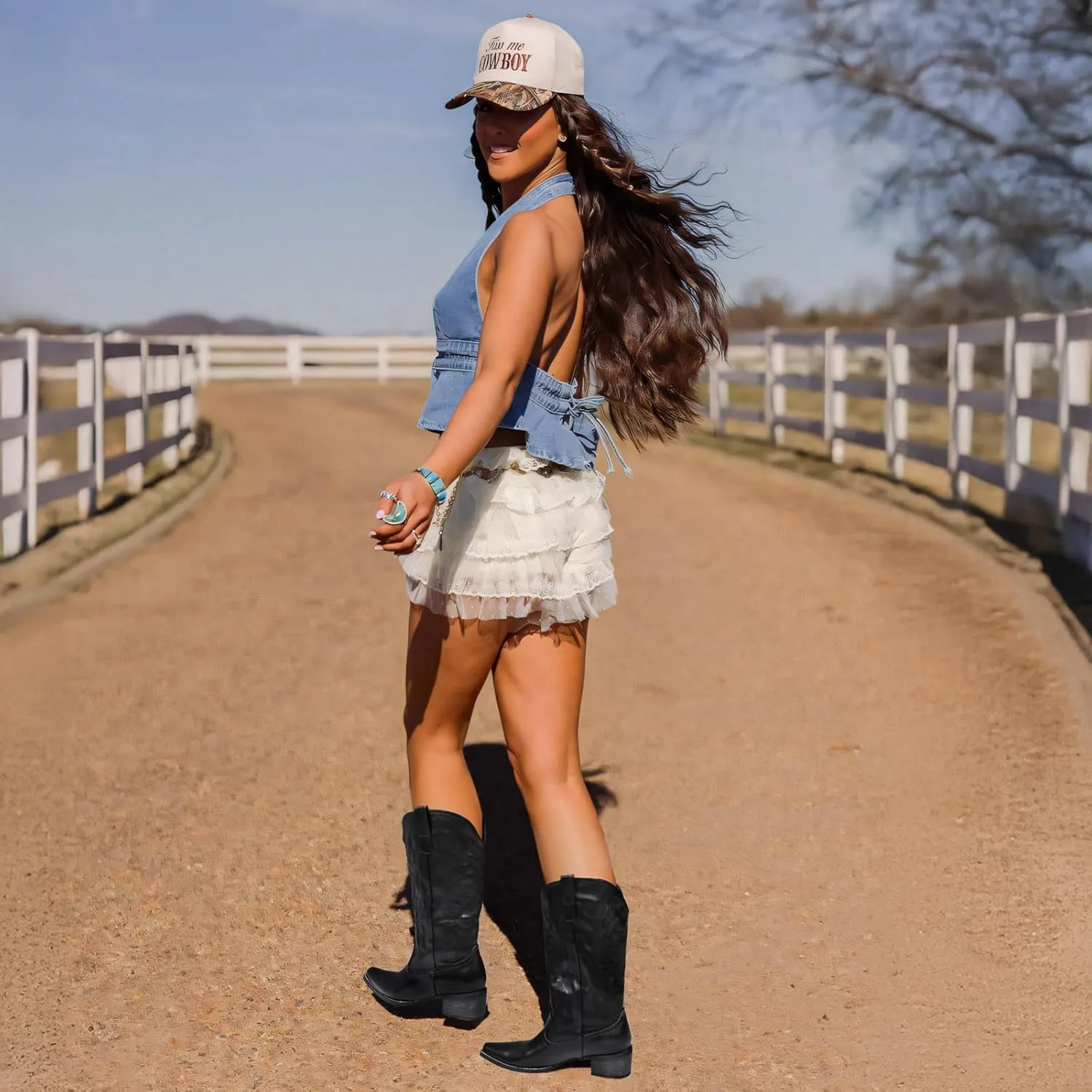 Women's Cowboy Boots Mid Calf Cowgirl Embroidered Western Pointed Toe Chunky Heel Pull On Mid Calf Boots