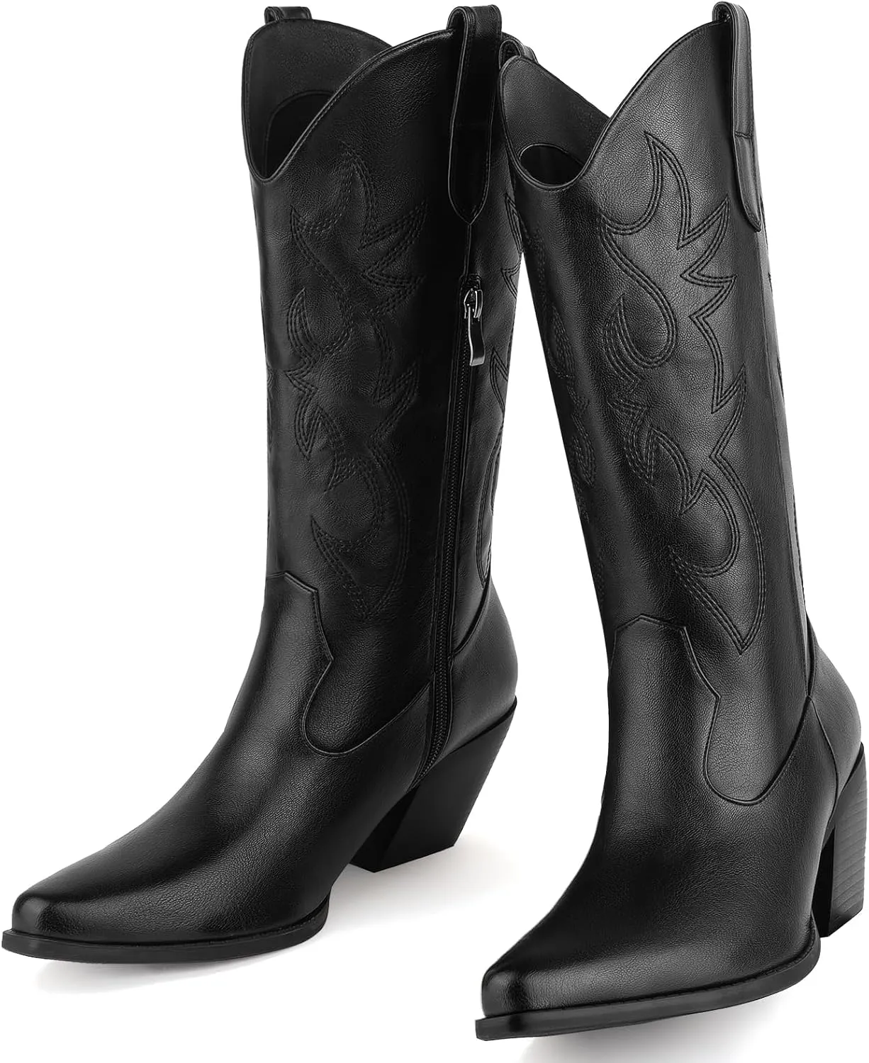 Women's Cowboy Boots Mid Calf Cowgirl Embroidered Western Pointed Toe Chunky Heel Pull On Mid Calf Boots