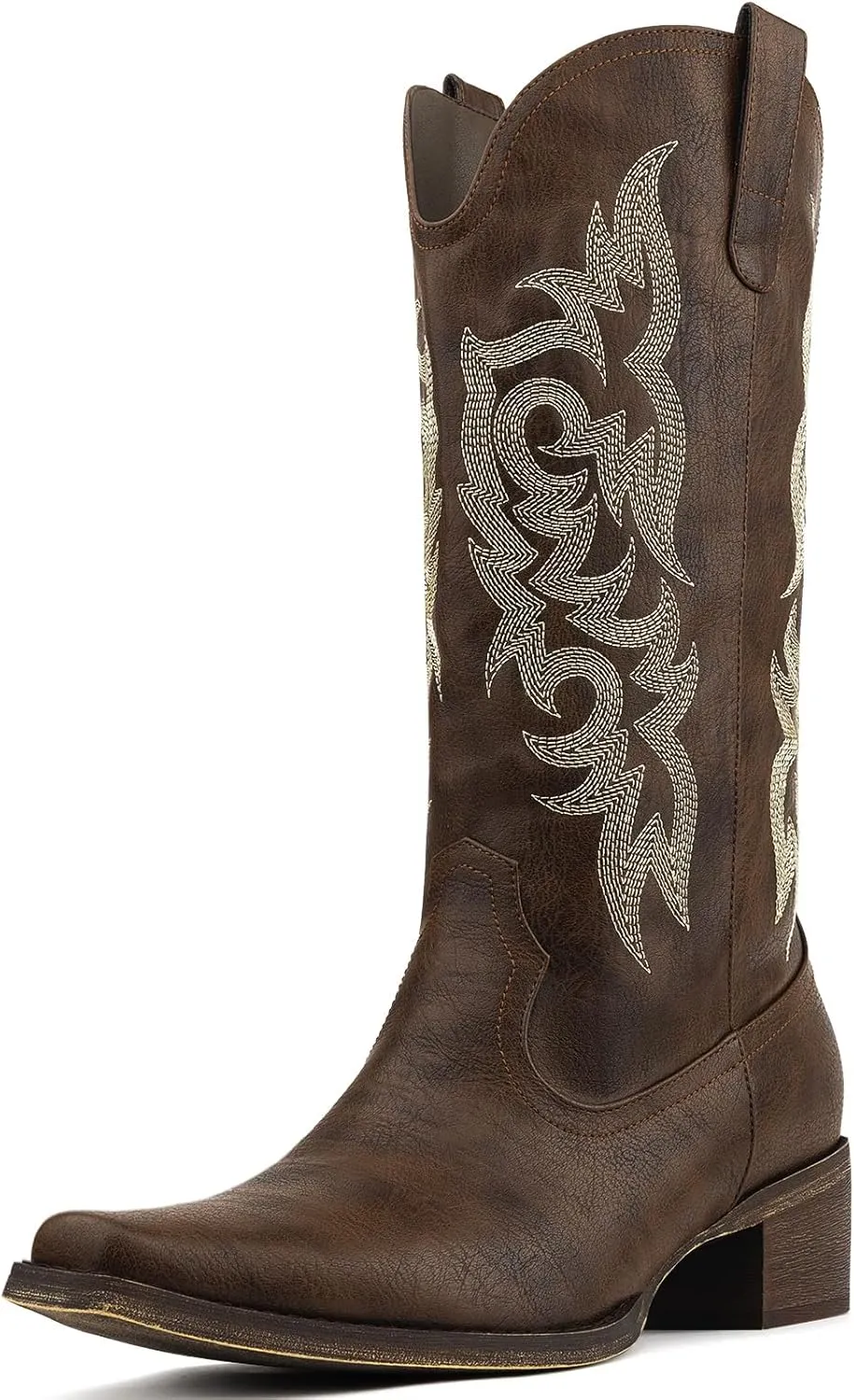 Women's Cowboy Boots Mid Calf Cowgirl Embroidered Western Pointed Toe Chunky Heel Pull On Mid Calf Boots