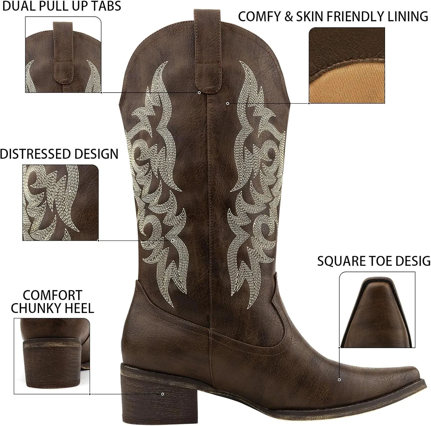 Women's Cowboy Boots Mid Calf Cowgirl Embroidered Western Pointed Toe Chunky Heel Pull On Mid Calf Boots