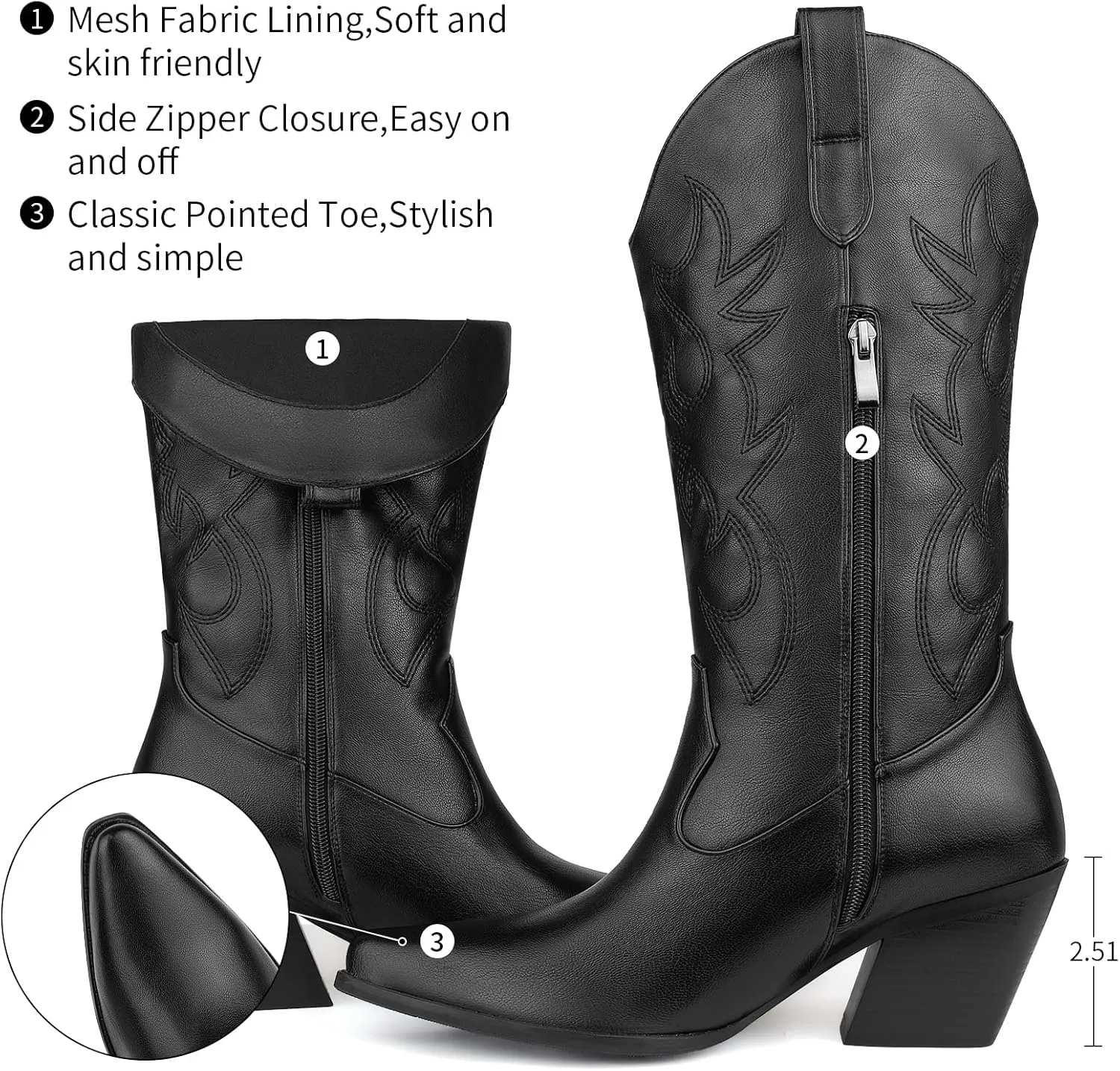 Women's Cowboy Boots Mid Calf Cowgirl Embroidered Western Pointed Toe Chunky Heel Pull On Mid Calf Boots