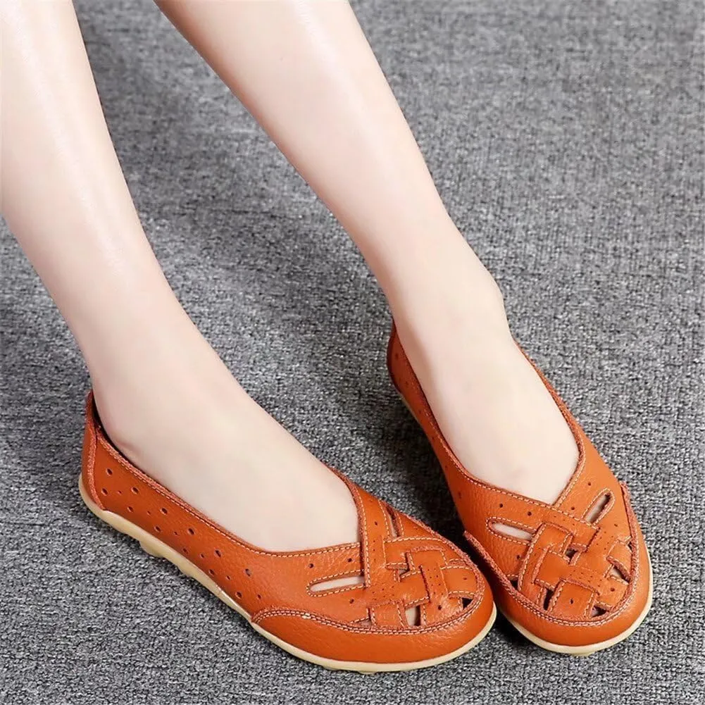 Women's Cowhide Leather Shoes Retro Closed Toe Flat Sandals Casual Comfort Slip On Shoe Fashion Genuine Sandal Wide Box Loafers Shoes Driving Moccasins Dressy Walking Sandals