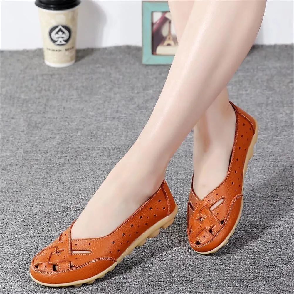 Women's Cowhide Leather Shoes Retro Closed Toe Flat Sandals Casual Comfort Slip On Shoe Fashion Genuine Sandal Wide Box Loafers Shoes Driving Moccasins Dressy Walking Sandals