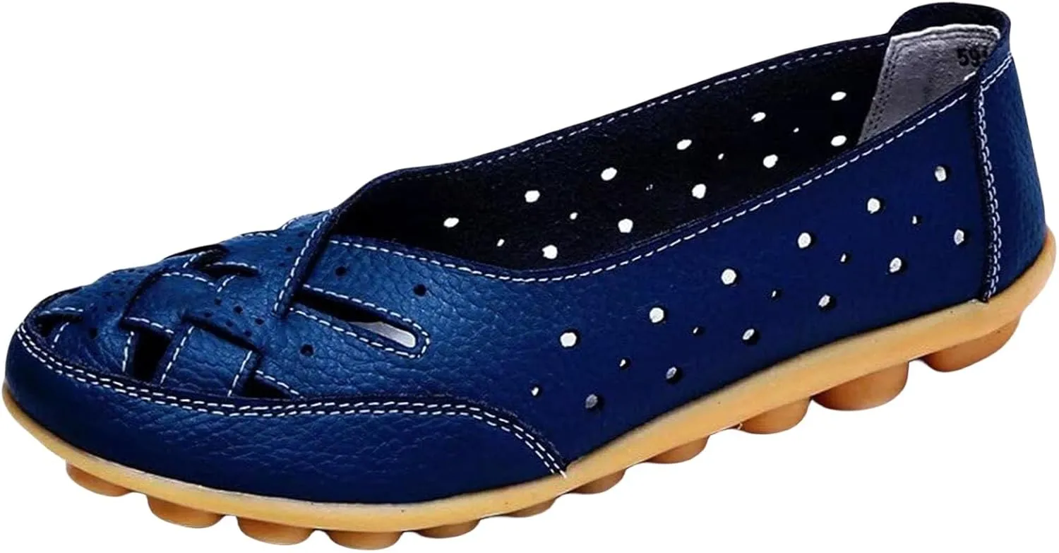 Women's Cowhide Leather Shoes Retro Closed Toe Flat Sandals Casual Comfort Slip On Shoe Fashion Genuine Sandal Wide Box Loafers Shoes Driving Moccasins Dressy Walking Sandals