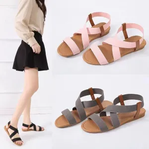 Women's Elastic Ankle Strap Flat Sandals Summer Open Toe Dress Sandals Cute Strappy Gladiator Sandals