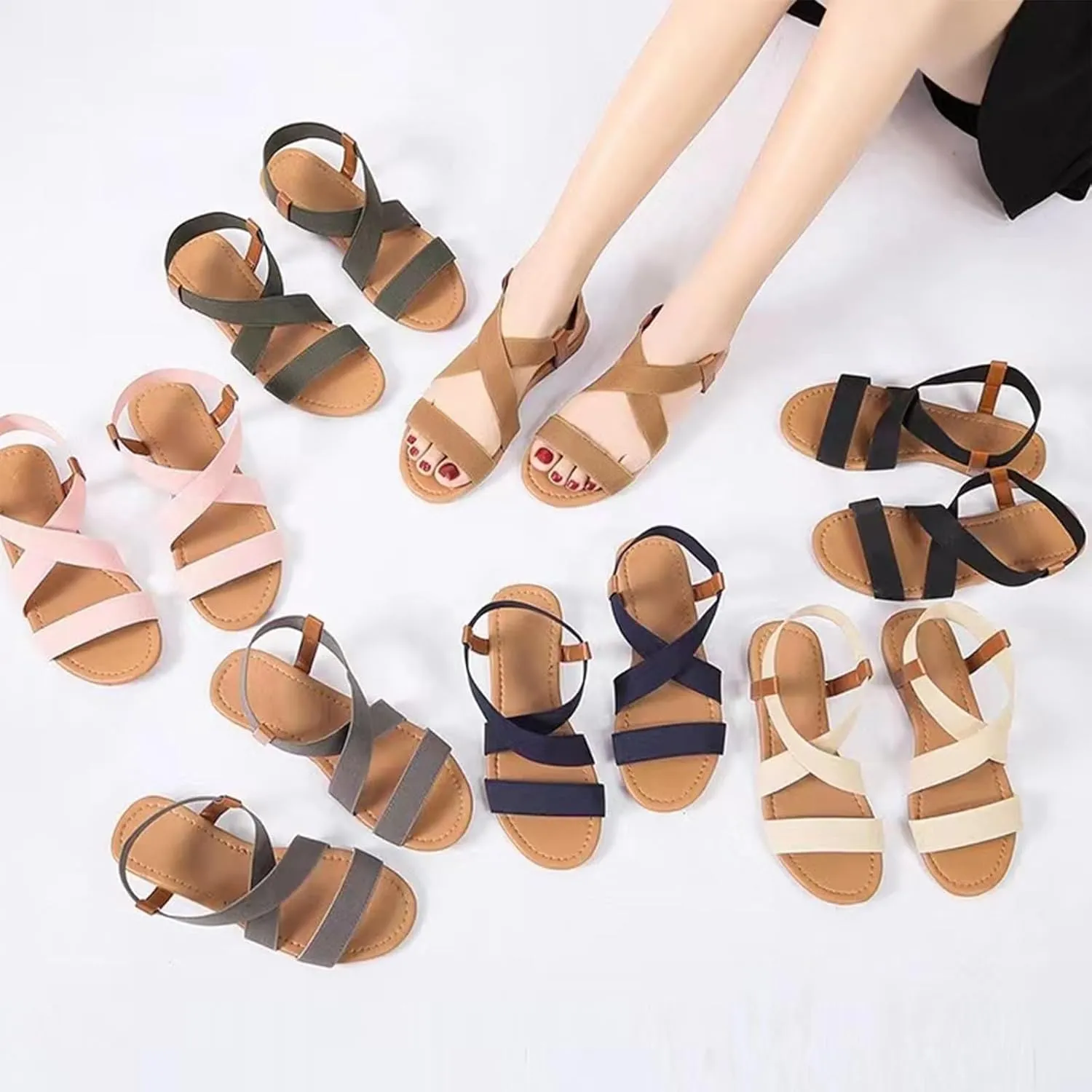 Women's Elastic Ankle Strap Flat Sandals Summer Open Toe Dress Sandals Cute Strappy Gladiator Sandals