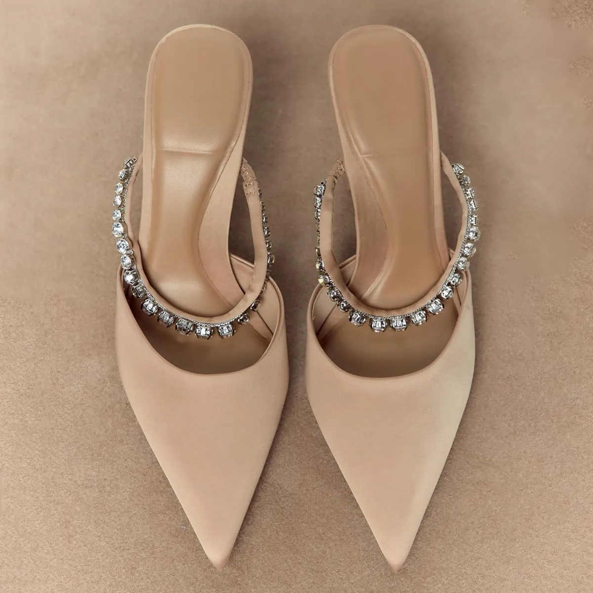 Women's Elegant Satin Mules with Crystal Straps Stiletto Heel Pointed Toe Ideal for Weddings Parties or Evening Events Shoes for Women