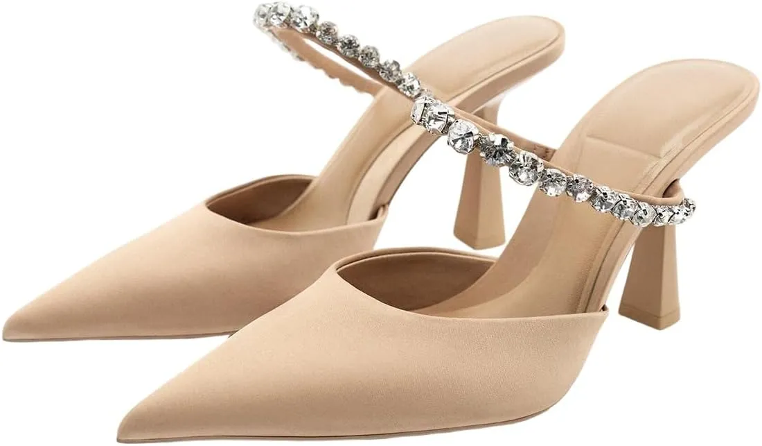 Women's Elegant Satin Mules with Crystal Straps Stiletto Heel Pointed Toe Ideal for Weddings Parties or Evening Events Shoes for Women