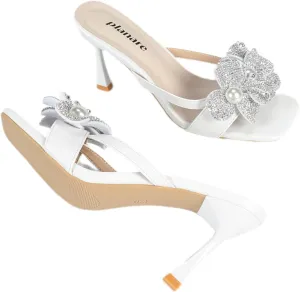 Women's Elegant White High Heel Mules Crystal-Embellished Flower Slip-On Heels with Pearl Detail Open-Toe Stiletto Sandals for Party, Wedding, Date Night, or Special Occasions