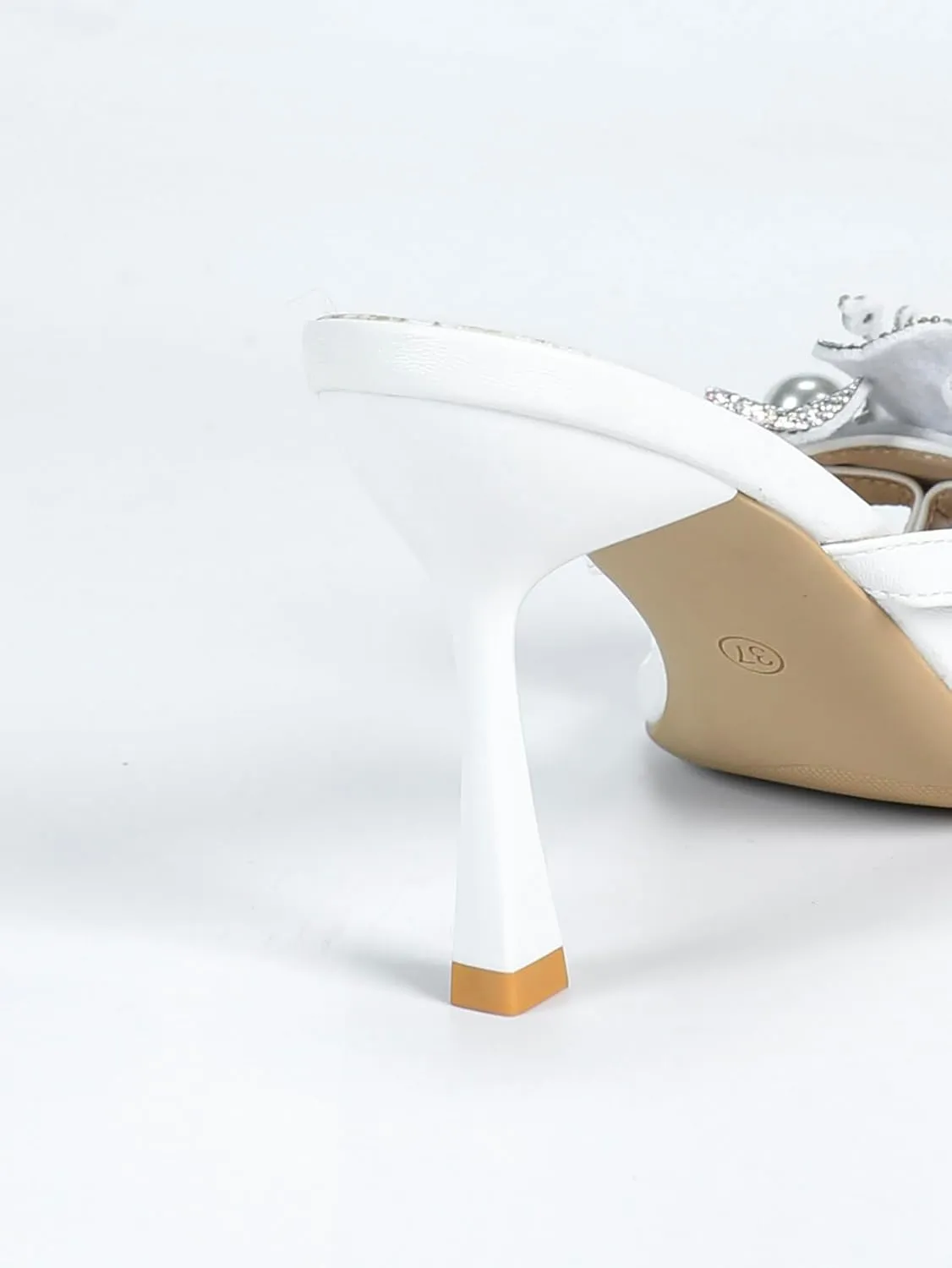 Women's Elegant White High Heel Mules Crystal-Embellished Flower Slip-On Heels with Pearl Detail Open-Toe Stiletto Sandals for Party, Wedding, Date Night, or Special Occasions