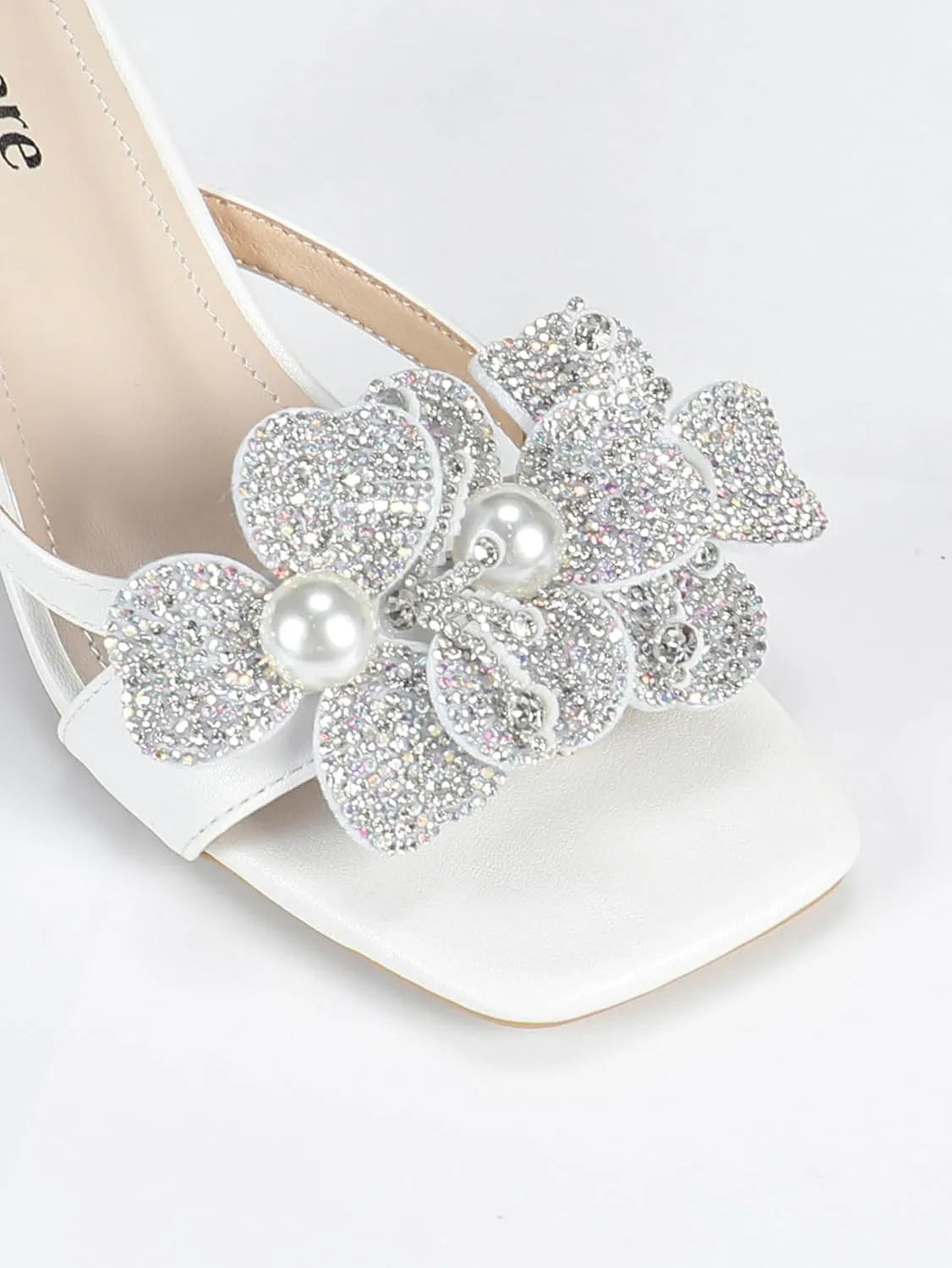 Women's Elegant White High Heel Mules Crystal-Embellished Flower Slip-On Heels with Pearl Detail Open-Toe Stiletto Sandals for Party, Wedding, Date Night, or Special Occasions