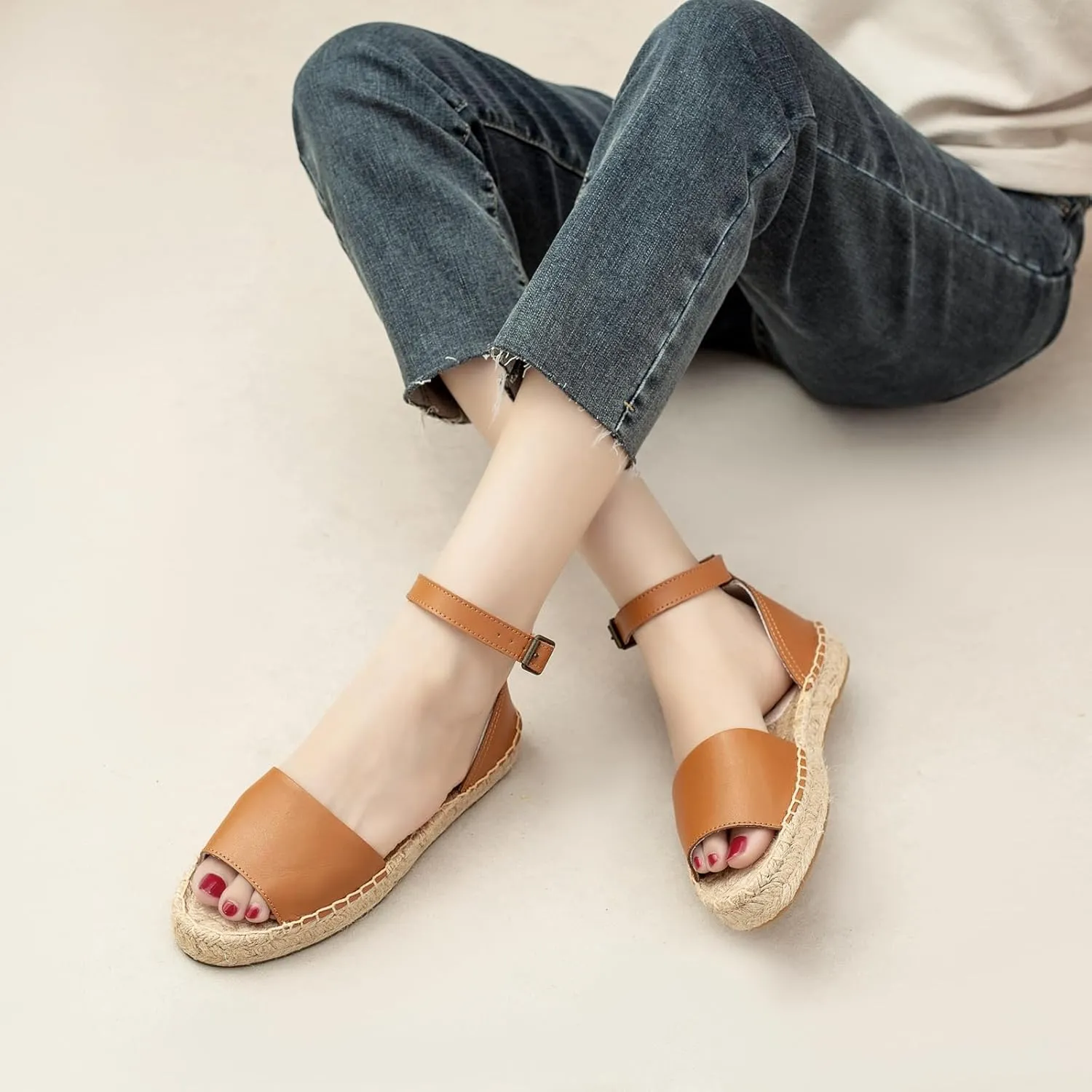 Women'S Espadille Thick Sole Genuine Cowhide Sandals Comfortable Summer Breathable Espadelle Sandals Adjustable Festival Work Travel Party
