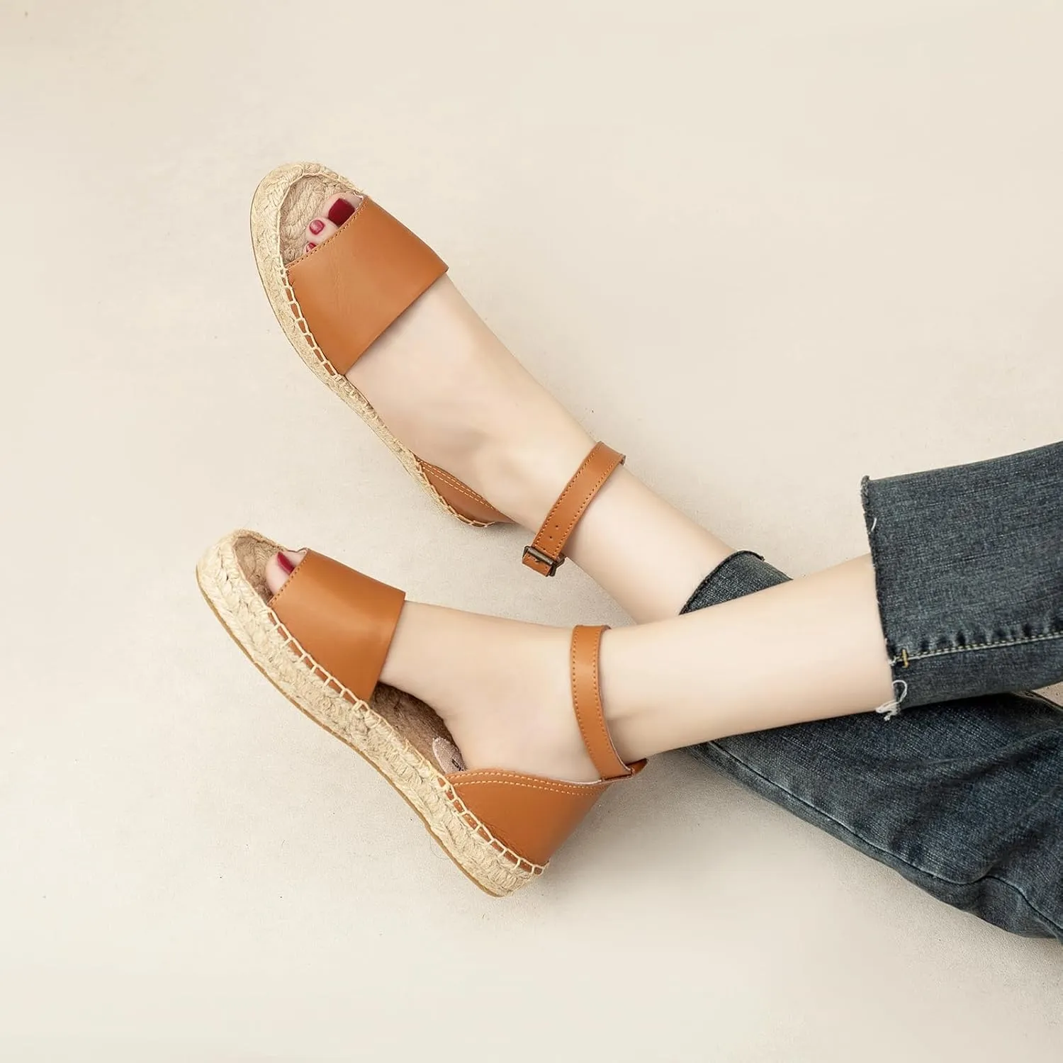Women'S Espadille Thick Sole Genuine Cowhide Sandals Comfortable Summer Breathable Espadelle Sandals Adjustable Festival Work Travel Party