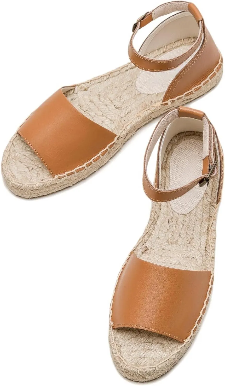 Women'S Espadille Thick Sole Genuine Cowhide Sandals Comfortable Summer Breathable Espadelle Sandals Adjustable Festival Work Travel Party