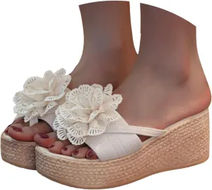 Women's Espadrille Chunky Wedge Platform Sandals with Arch Support Flowers Open Toe Platform Sandals Casual Walking Slip on Sandal Comfortable Lightweight Platform Wedges Heel Shoes