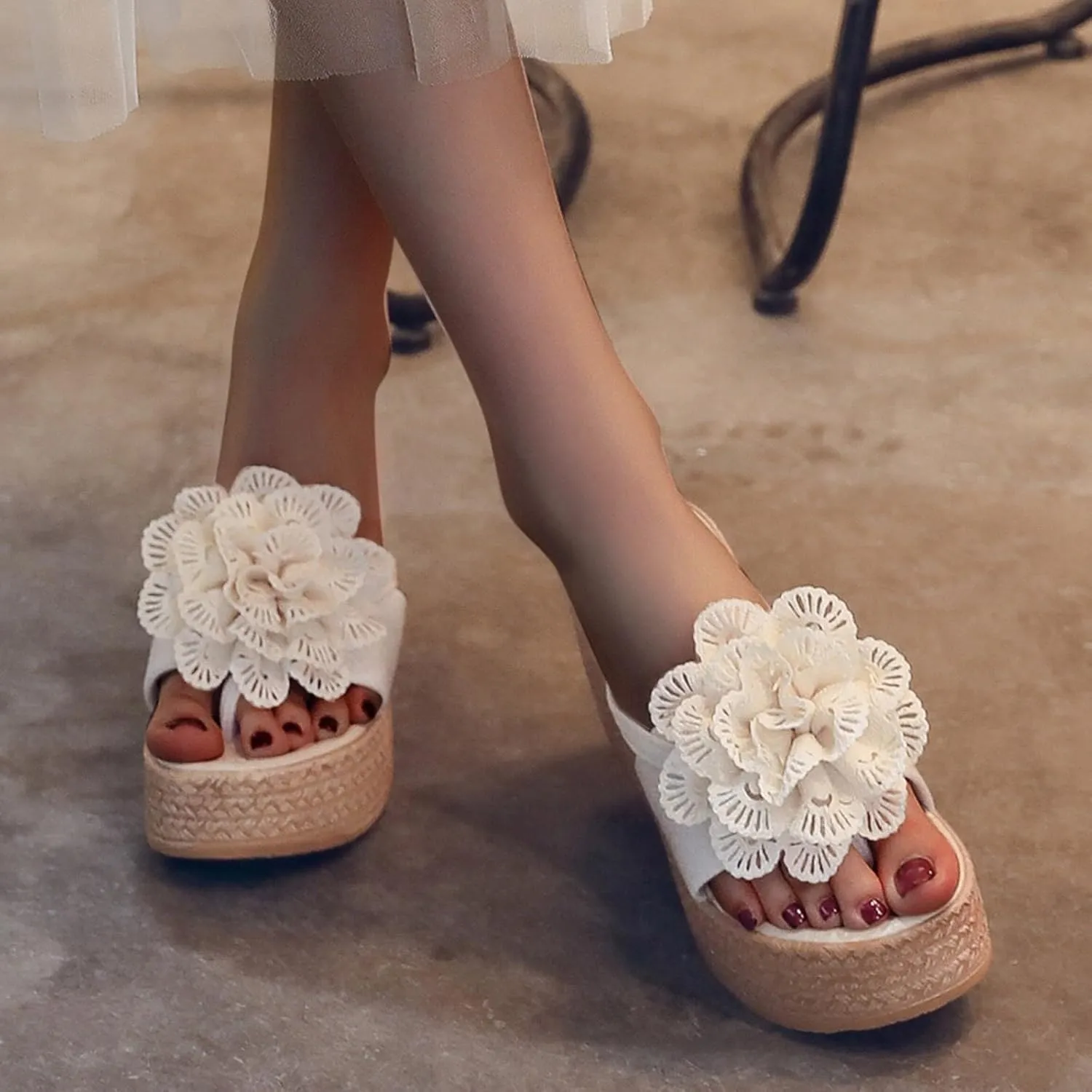 Women's Espadrille Chunky Wedge Platform Sandals with Arch Support Flowers Open Toe Platform Sandals Casual Walking Slip on Sandal Comfortable Lightweight Platform Wedges Heel Shoes