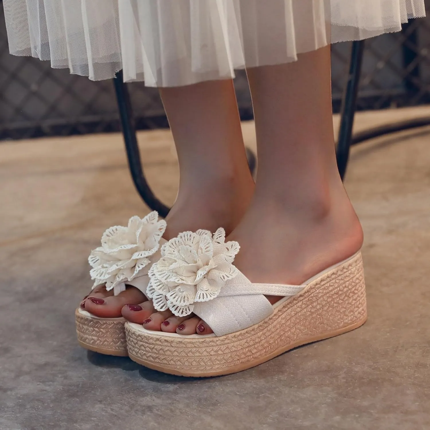 Women's Espadrille Chunky Wedge Platform Sandals with Arch Support Flowers Open Toe Platform Sandals Casual Walking Slip on Sandal Comfortable Lightweight Platform Wedges Heel Shoes