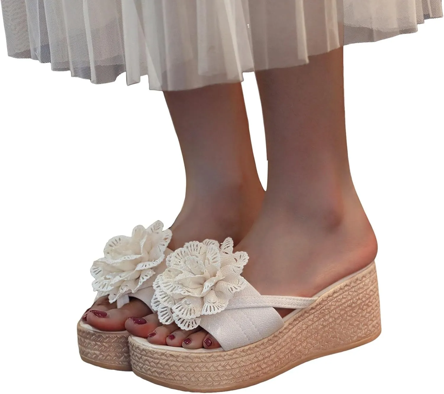 Women's Espadrille Chunky Wedge Platform Sandals with Arch Support Flowers Open Toe Platform Sandals Casual Walking Slip on Sandal Comfortable Lightweight Platform Wedges Heel Shoes