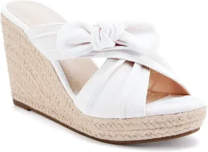 Womens Espadrilles Slip on Wedge Sandals Slides Bow Tie Platform Open Toe Summer Mules Shoes, Beige, Size 5.5