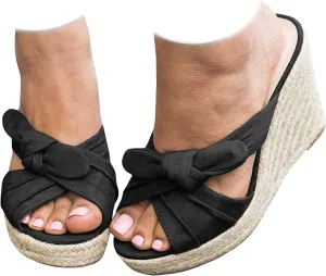Womens Espadrilles Slip on Wedge Sandals Slides Bow Tie Platform Open Toe Summer Mules Shoes, Black, Size 8.5