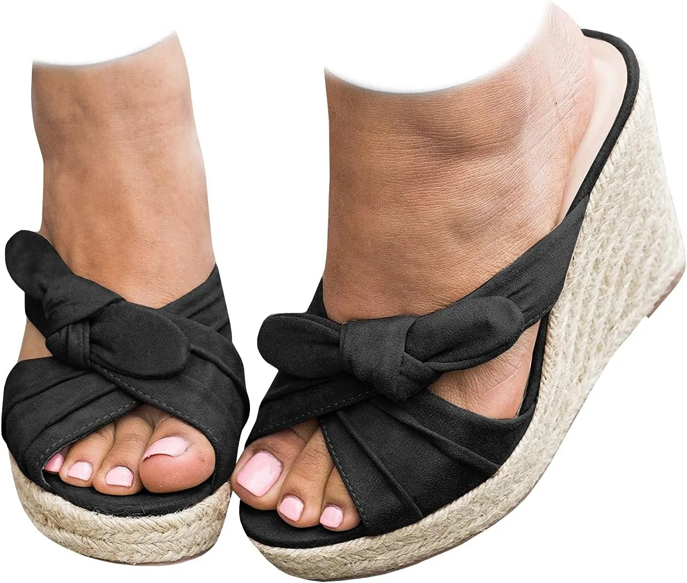 Womens Espadrilles Slip on Wedge Sandals Slides Bow Tie Platform Open Toe Summer Mules Shoes, Black, Size 8.5