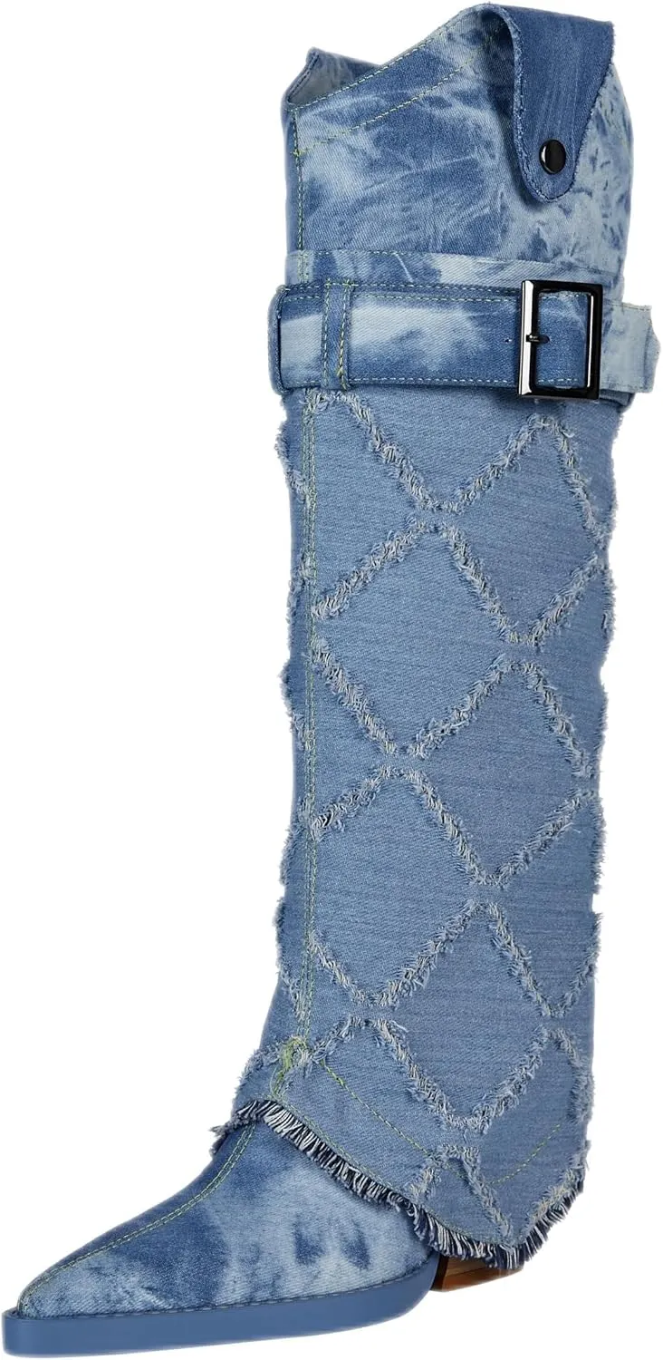 Women's Fashion-forward Versatile Denim Pointed toe Chunky Heel Over-the-Knee Boots
