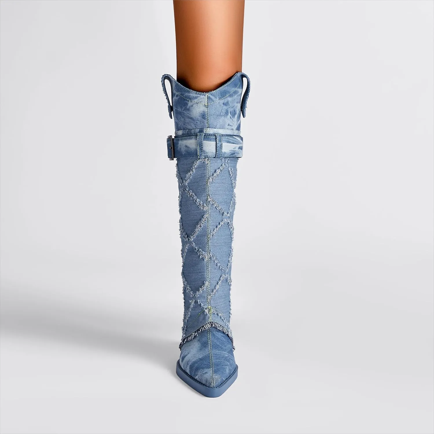 Women's Fashion-forward Versatile Denim Pointed toe Chunky Heel Over-the-Knee Boots