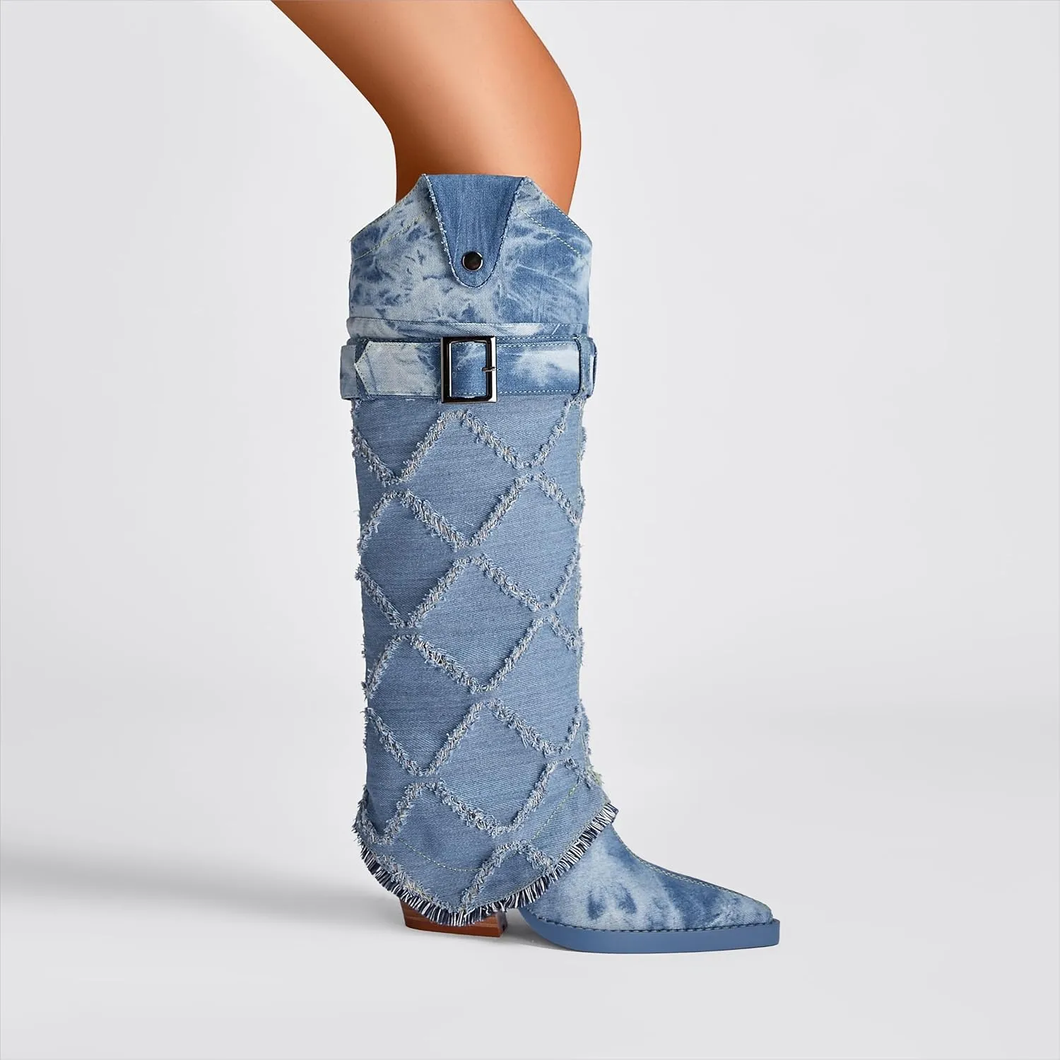 Women's Fashion-forward Versatile Denim Pointed toe Chunky Heel Over-the-Knee Boots