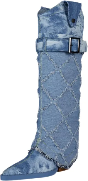 Women's Fashion-forward Versatile Denim Pointed toe Chunky Heel Over-the-Knee Boots