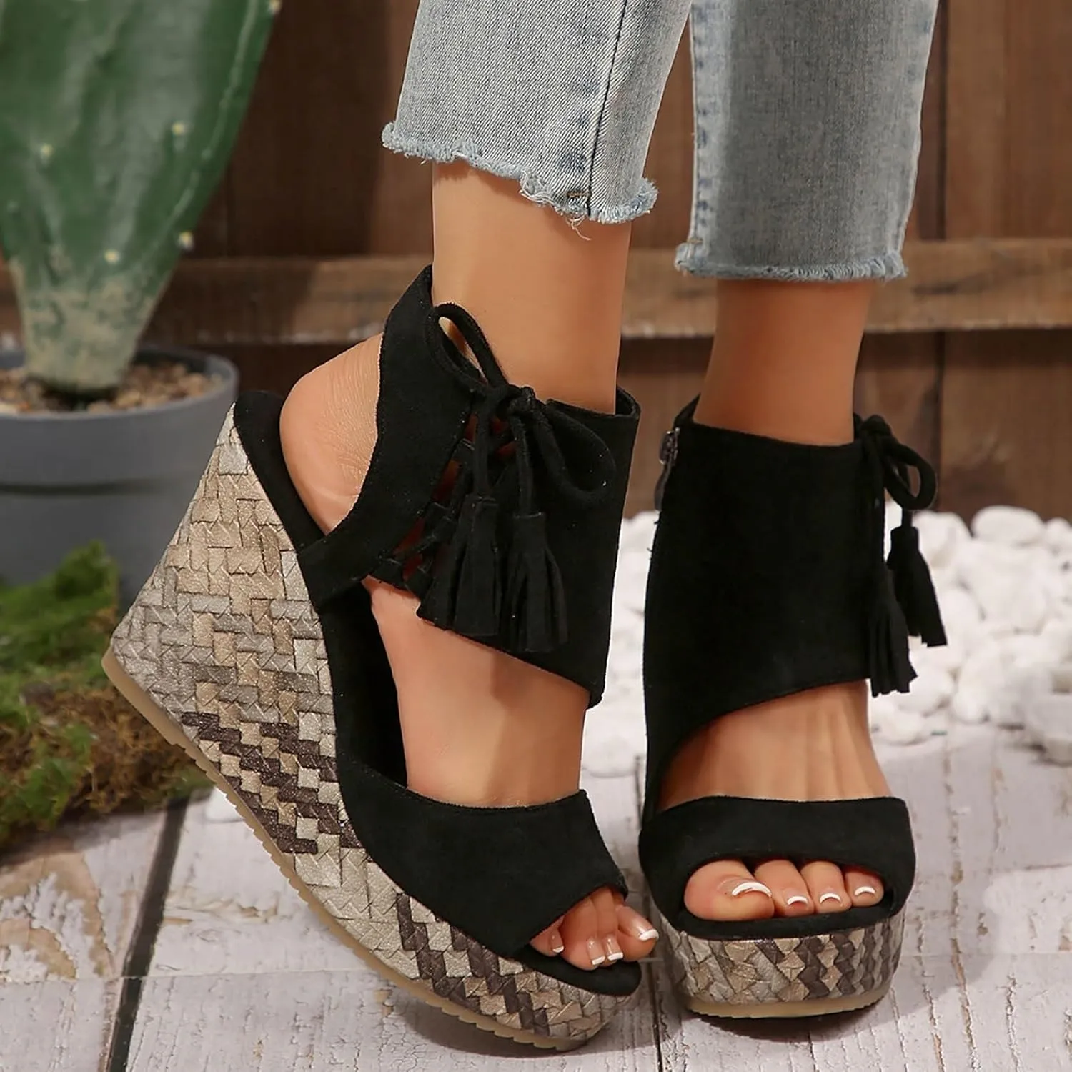 Womens Fashion Platform Sandals Summer Slip On Walking High Wedge Sandals Comfortable Casual Dressy Wedges Sandal Tie Lace Up Open Toe Shoes for Women Pretty