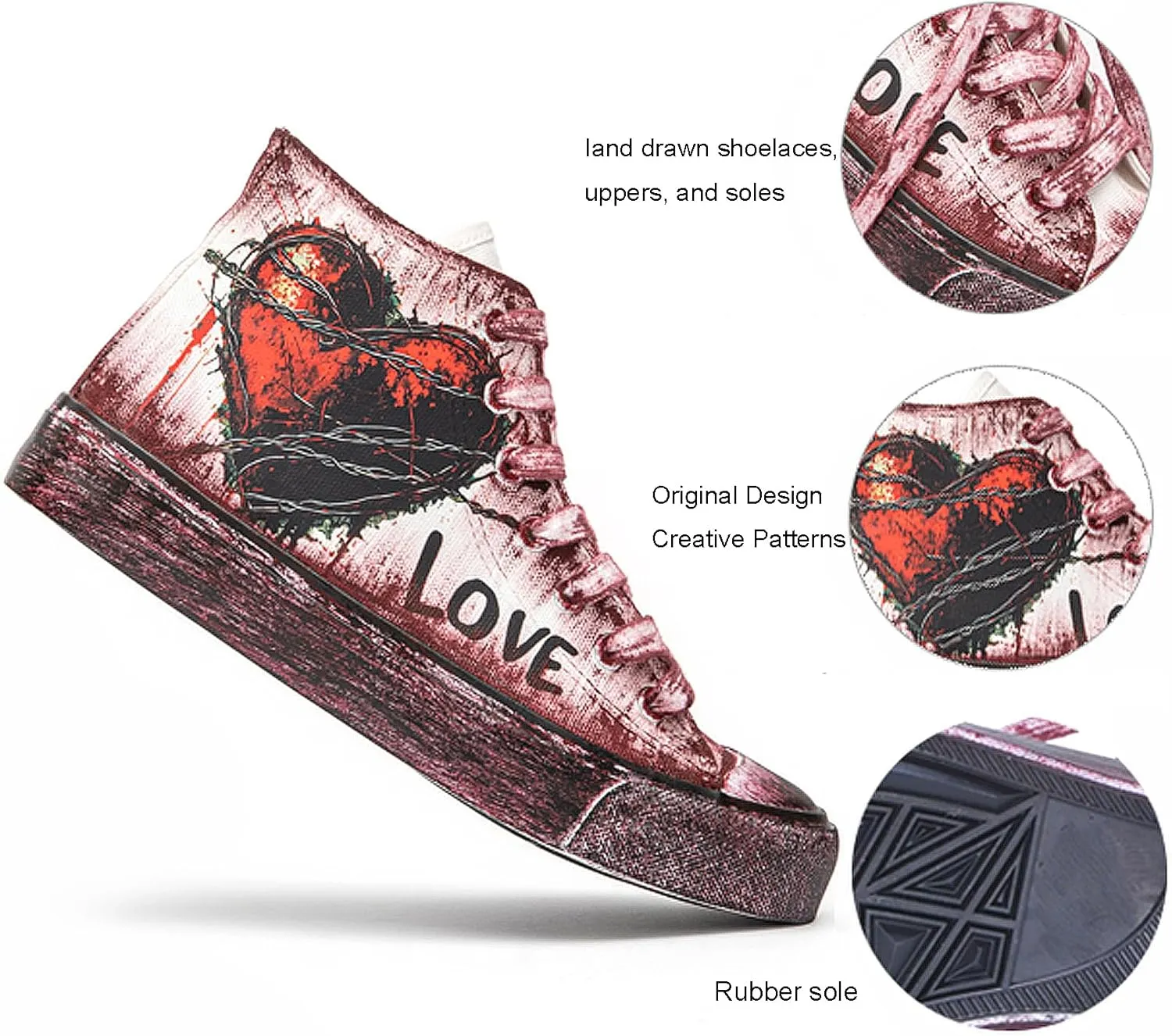 Women's Fashion Sneakers Heart-Shaped Graffiti Classic High Top Canvas Shoes Casual Walking Shoes