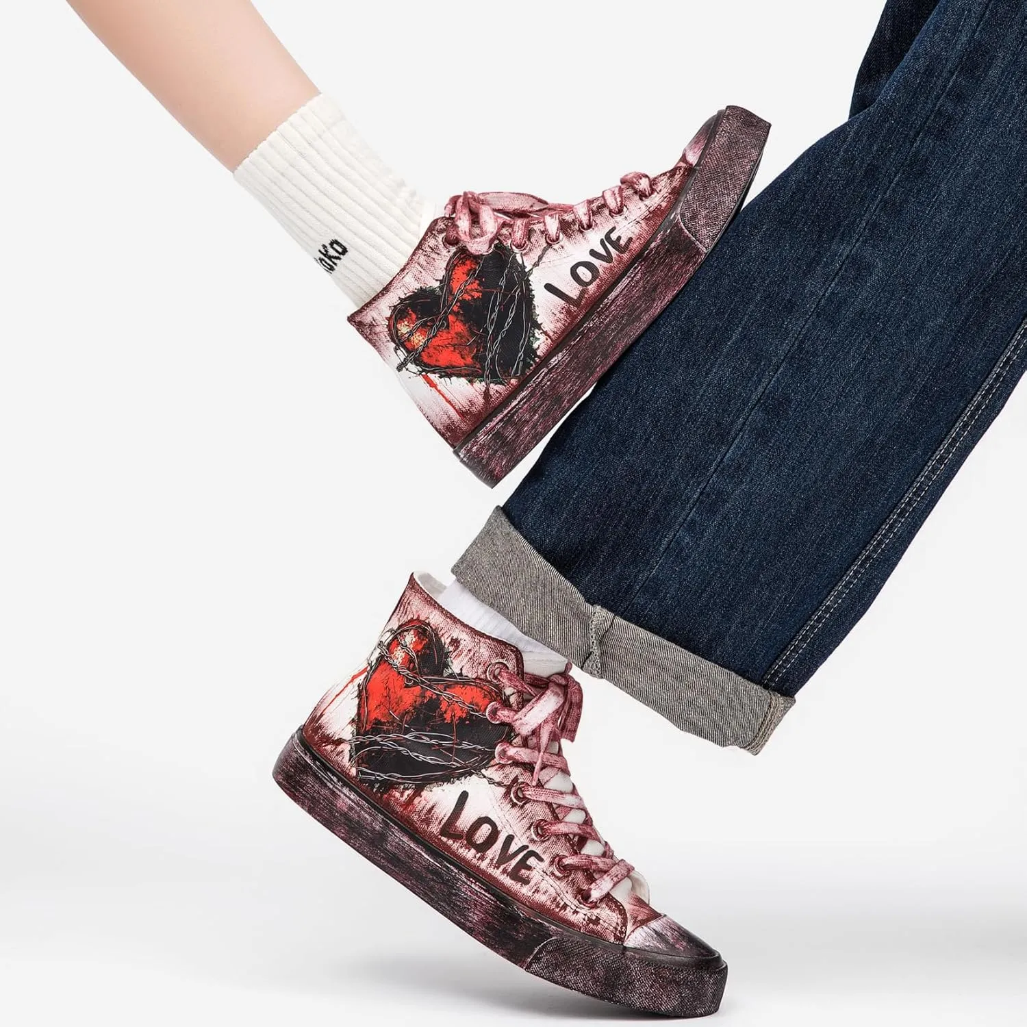 Women's Fashion Sneakers Heart-Shaped Graffiti Classic High Top Canvas Shoes Casual Walking Shoes