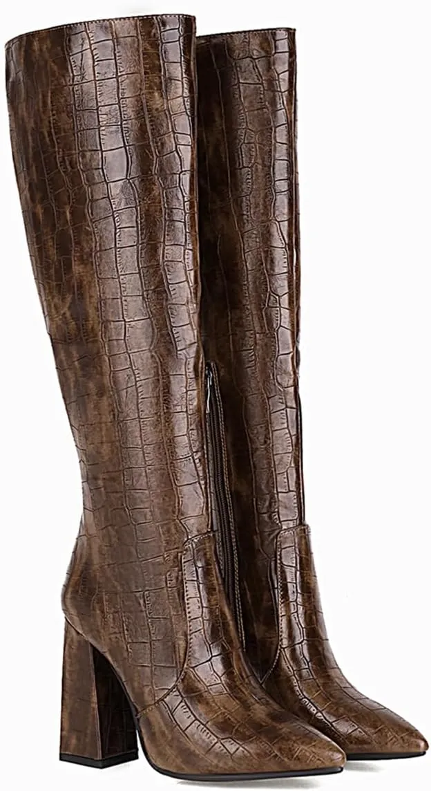 Women's Faux Crocodile Chunky Heel Knee High Boots Pointed Toe Comfortable High Heel Tall Boots Fall Winter Boots
