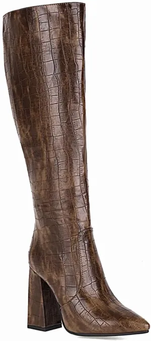 Women's Faux Crocodile Chunky Heel Knee High Boots Pointed Toe Comfortable High Heel Tall Boots Fall Winter Boots