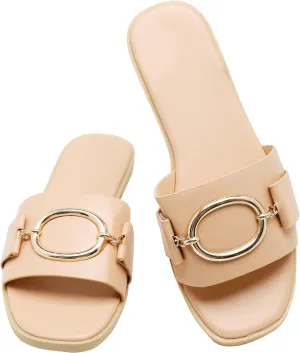 Women's Flat Sandals Fashion Square Open Toe Slides With Metal Chain Slippers Dressy for Summer Size 6-12