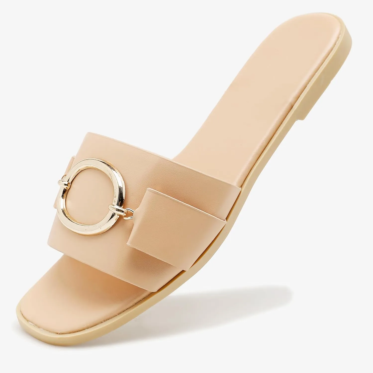 Women's Flat Sandals Fashion Square Open Toe Slides With Metal Chain Slippers Dressy for Summer Size 6-12