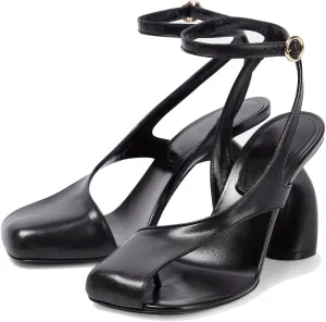 Women's Flip-flop High Heel Sandals Ankle Strap Block Heel Sandals Square Toe Cutout Leather Dress Shoes Adjustable Buckle Strappy Pumps for Party