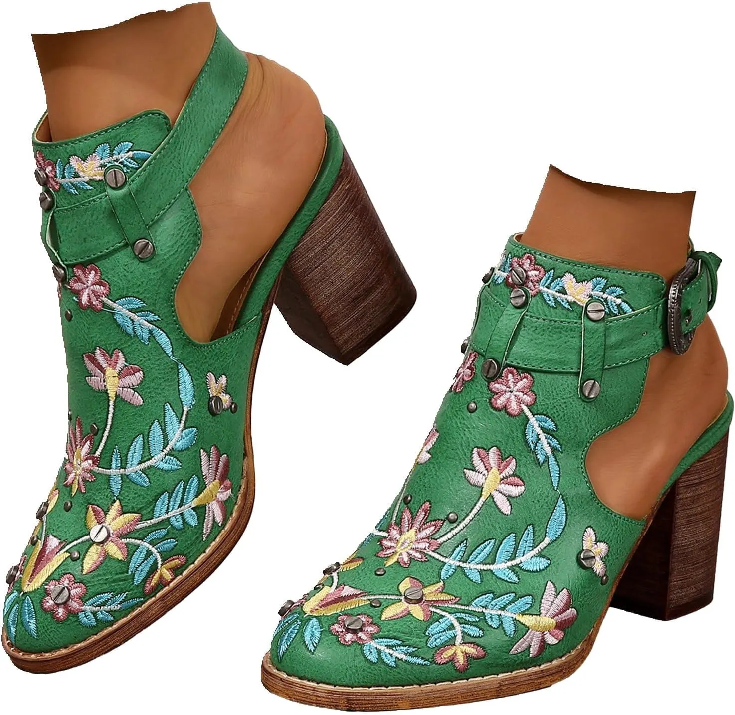 Women's Floral Embroidered Ankle Boots Round Toe Buckled Backless Western Vintage Wooden Chunky Heeled Shorts Booties