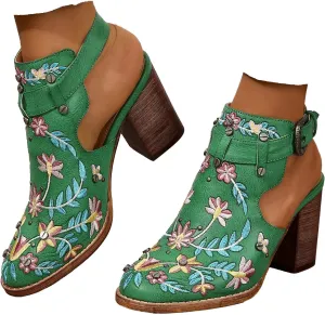 Women's Floral Embroidered Ankle Boots Round Toe Buckled Backless Western Vintage Wooden Chunky Heeled Shorts Booties