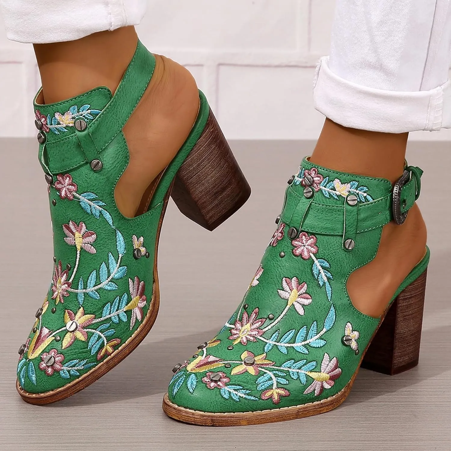 Women's Floral Embroidered Ankle Boots Round Toe Buckled Backless Western Vintage Wooden Chunky Heeled Shorts Booties