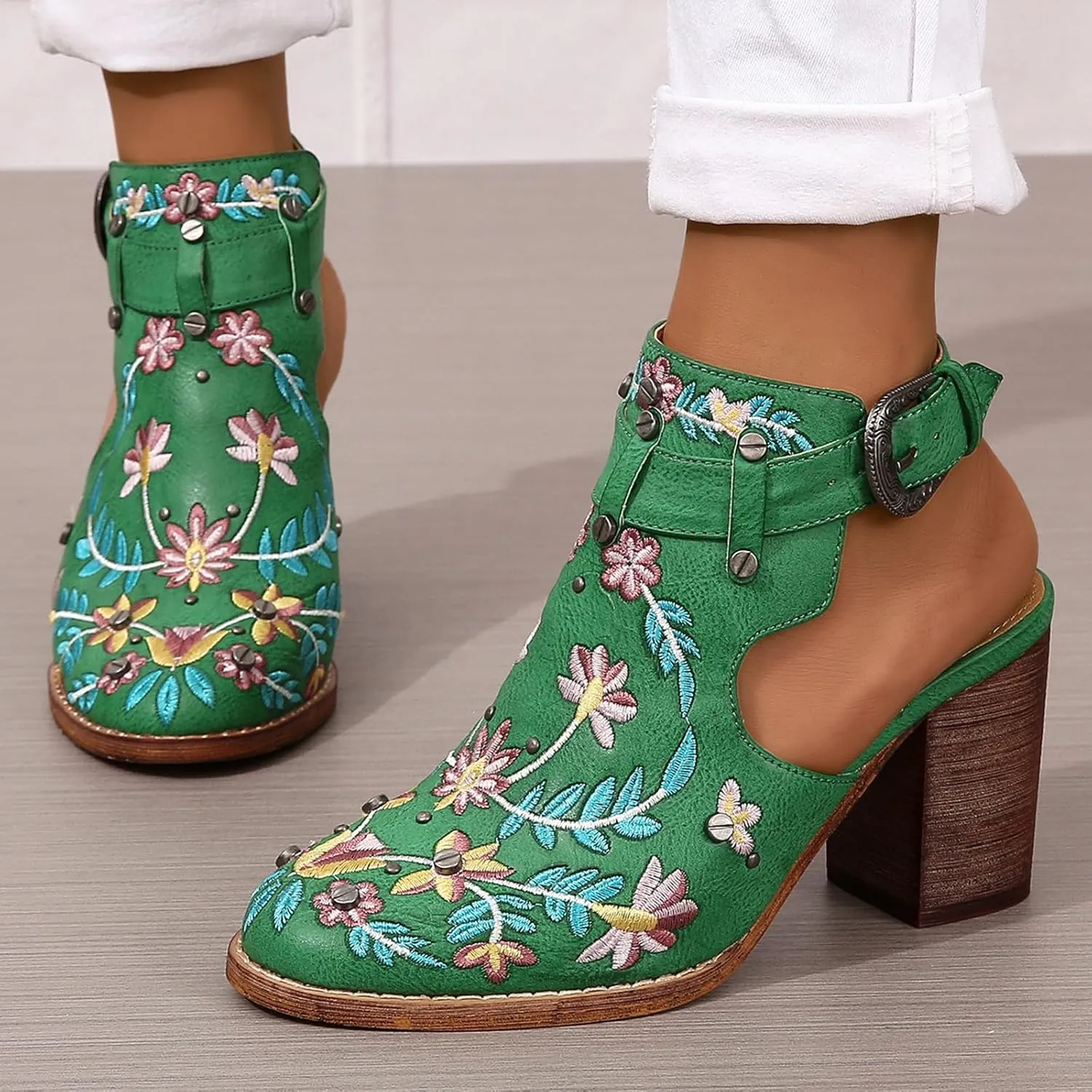 Women's Floral Embroidered Ankle Boots Round Toe Buckled Backless Western Vintage Wooden Chunky Heeled Shorts Booties