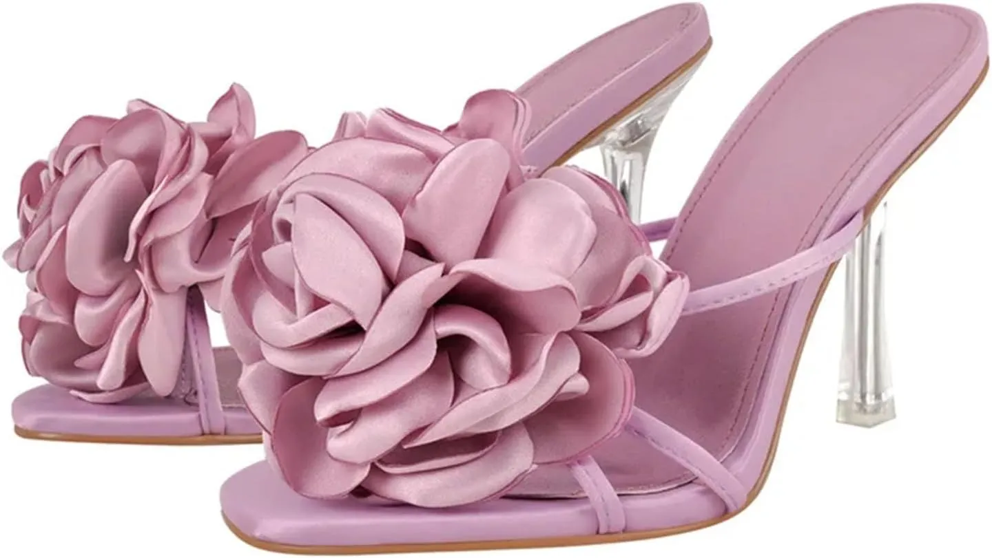 Women's Flower Metal Heel Mules - 10cm Slip On Open Toe
