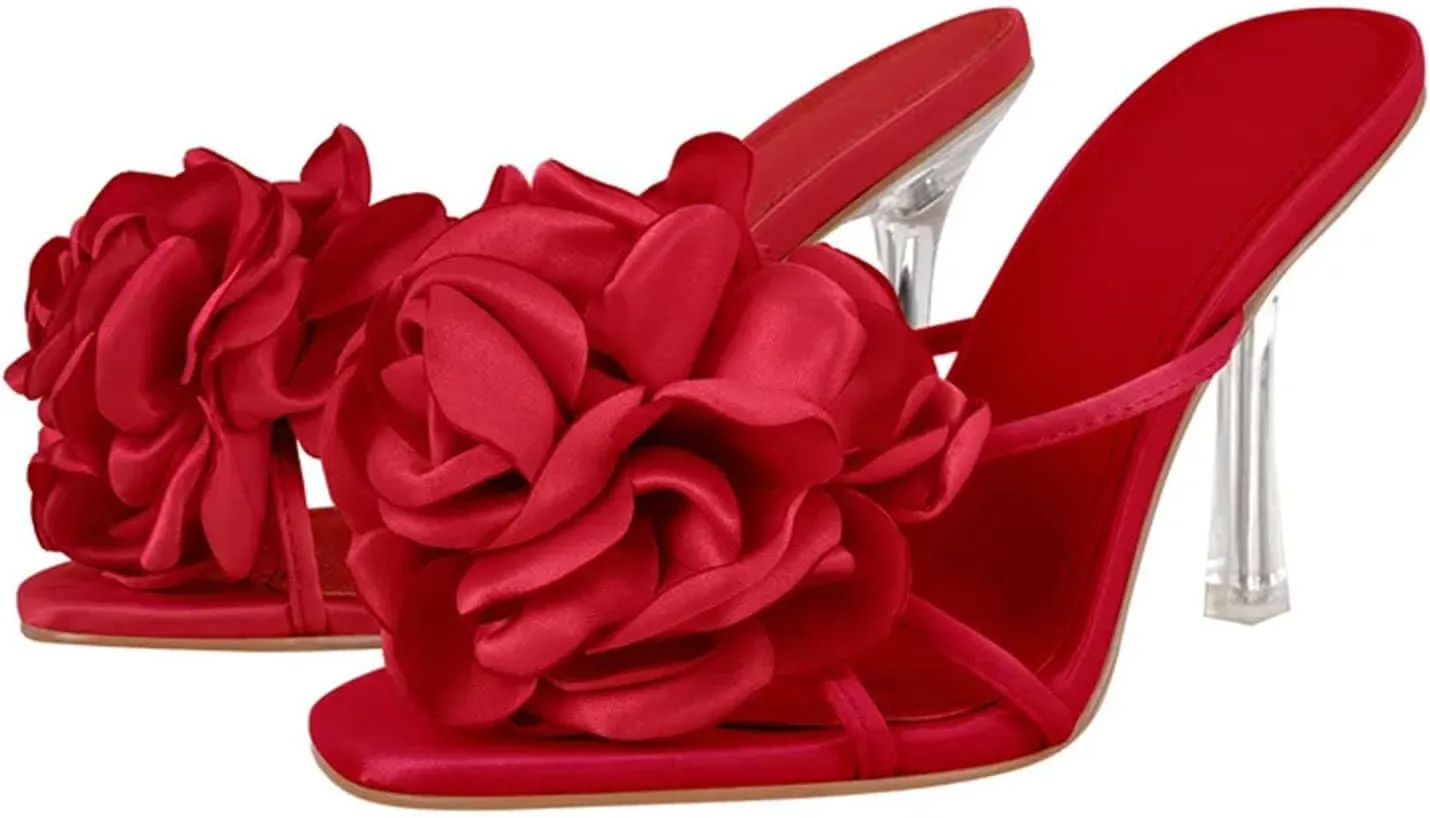 Women's Flower Metal Heel Mules - 10cm Slip On Open Toe