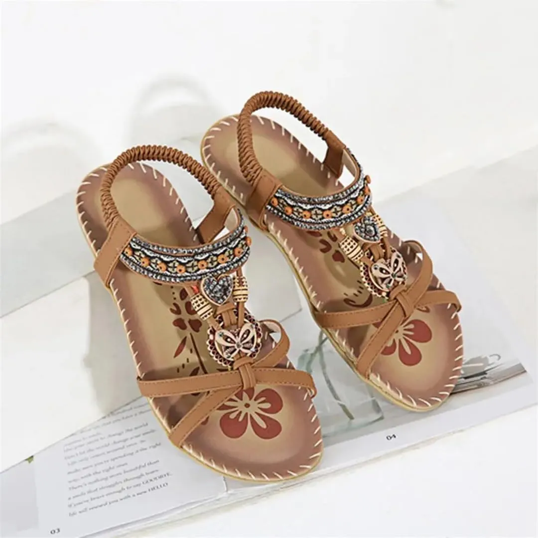 Women's Flower Print Sandals Summer Shoes Elastic Strap Women's Beach Shoes Open Toe Flats
