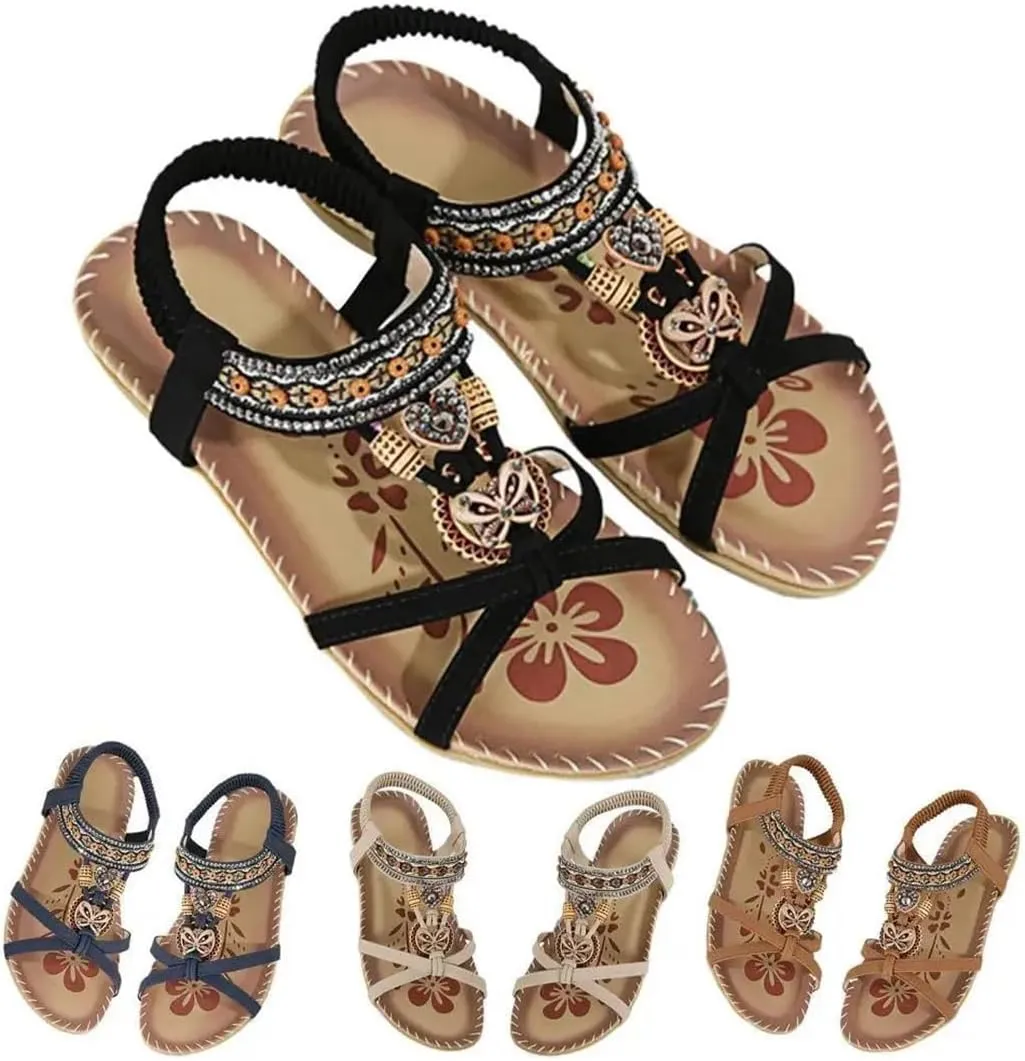 Women's Flower Print Sandals Summer Shoes Elastic Strap Women's Beach Shoes Open Toe Flats