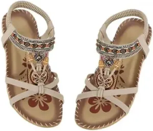 Women's Flower Print Sandals Summer Shoes Elastic Strap Women's Beach Shoes Open Toe Flats