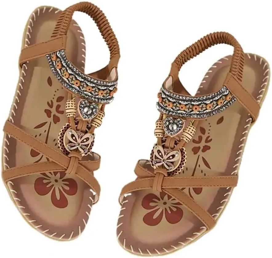 Women's Flower Print Sandals Summer Shoes Elastic Strap Women's Beach Shoes Open Toe Flats